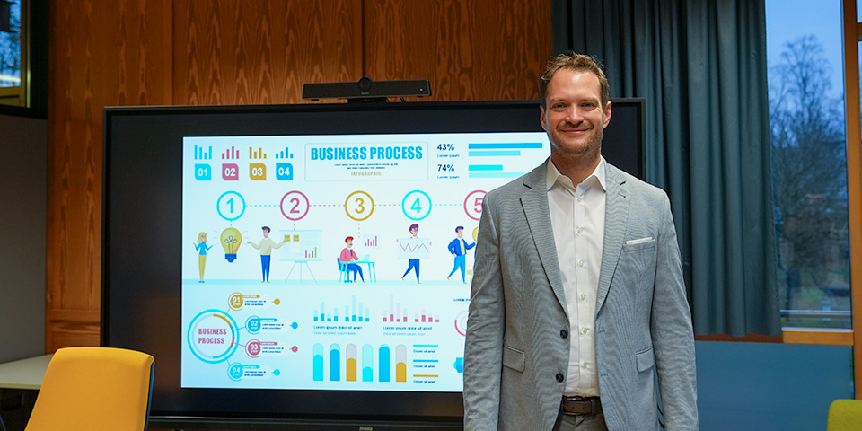 Prof. Dr. Maximilian Wolf, steht vor einem großen Monitor mit international Business Themen darauf